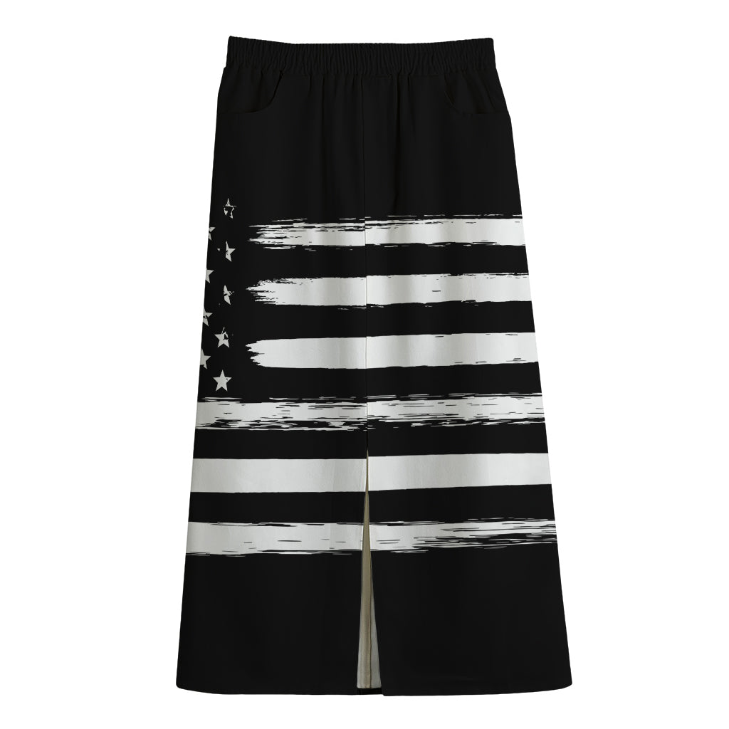 Black And White USA Flag Print Cotton Front Slit Maxi Skirt