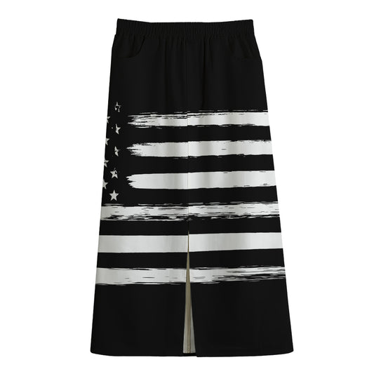 Black And White USA Flag Print Cotton Front Slit Maxi Skirt