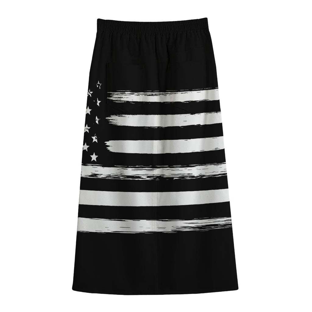 Black And White USA Flag Print Cotton Front Slit Maxi Skirt