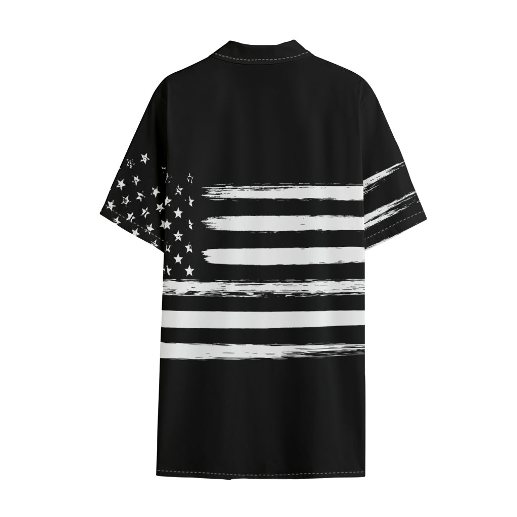 Black And White USA Flag Print Cotton Hawaiian Shirt