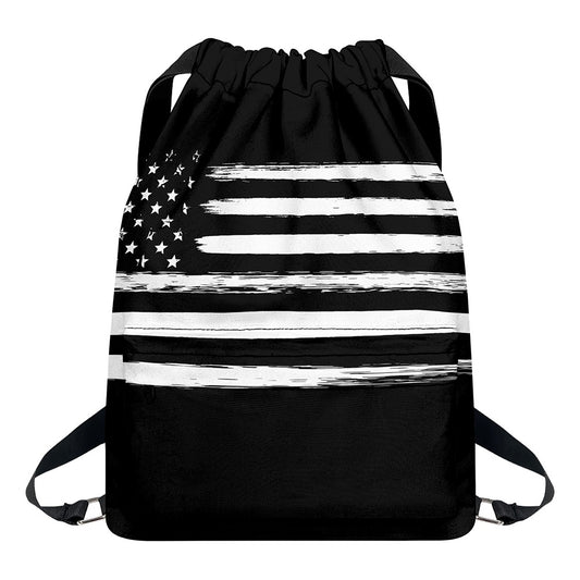 Black And White USA Flag Print Drawstring Backpack