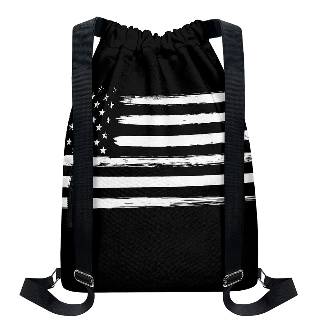 Black And White USA Flag Print Drawstring Backpack