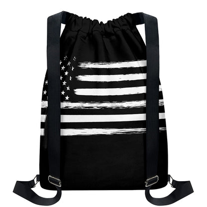 Black And White USA Flag Print Drawstring Backpack