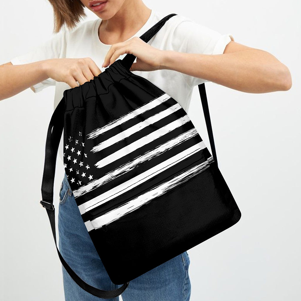 Black And White USA Flag Print Drawstring Backpack