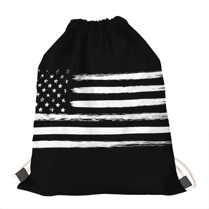 Black And White USA Flag Print Drawstring Bag