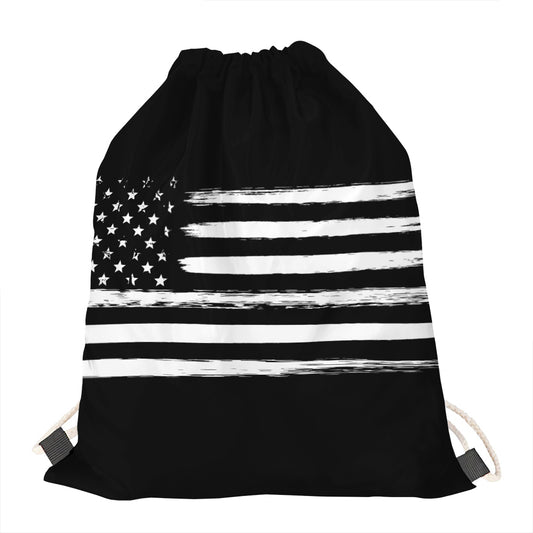 Black And White USA Flag Print Drawstring Bag