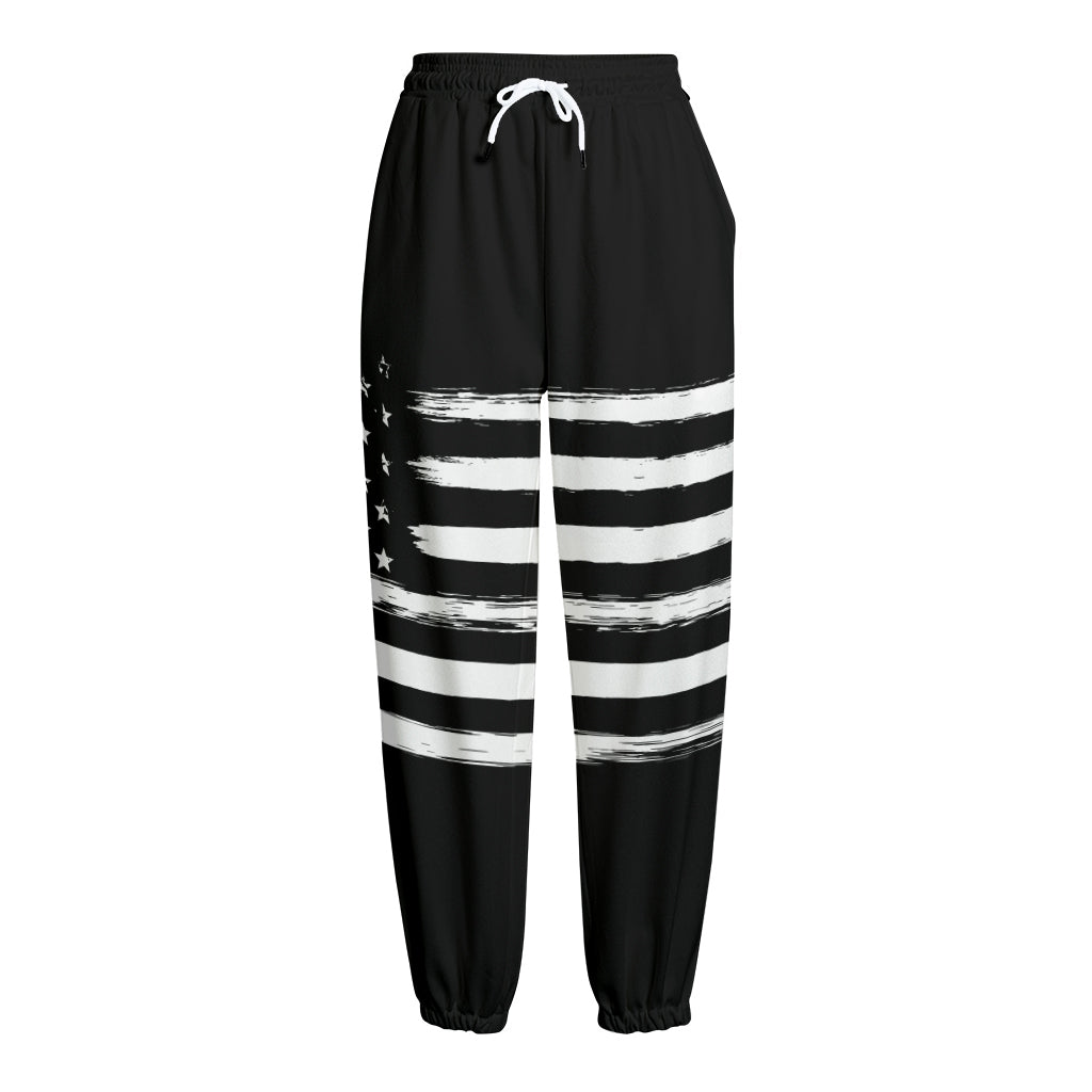 Black And White USA Flag Print Fleece Lined Knit Pants
