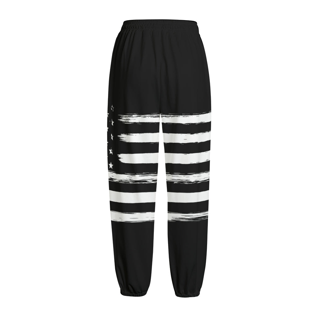 Black And White USA Flag Print Fleece Lined Knit Pants