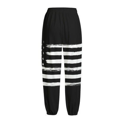 Black And White USA Flag Print Fleece Lined Knit Pants