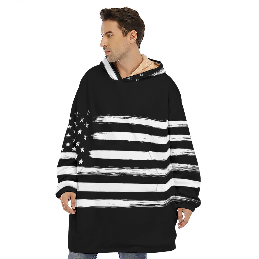 Black And White USA Flag Print Hoodie Blanket