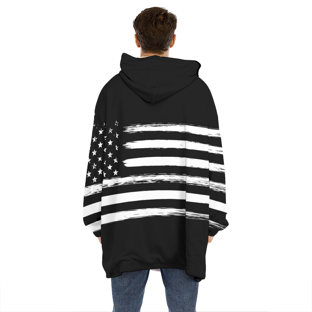 Black And White USA Flag Print Hoodie Blanket