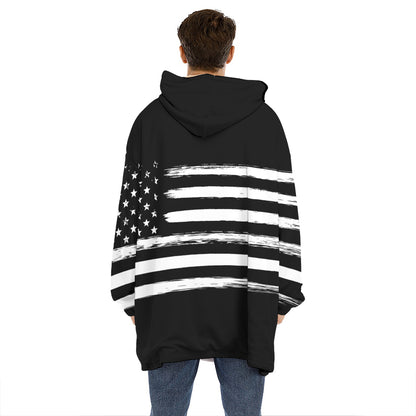 Black And White USA Flag Print Hoodie Blanket