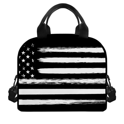 Black And White USA Flag Print Insulated Lunch Bag