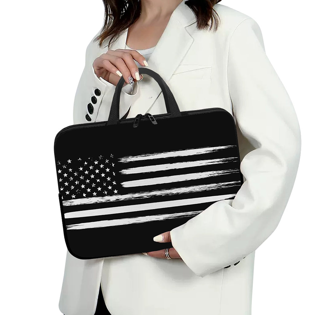 Black And White USA Flag Print Laptop Sleeve With Handle