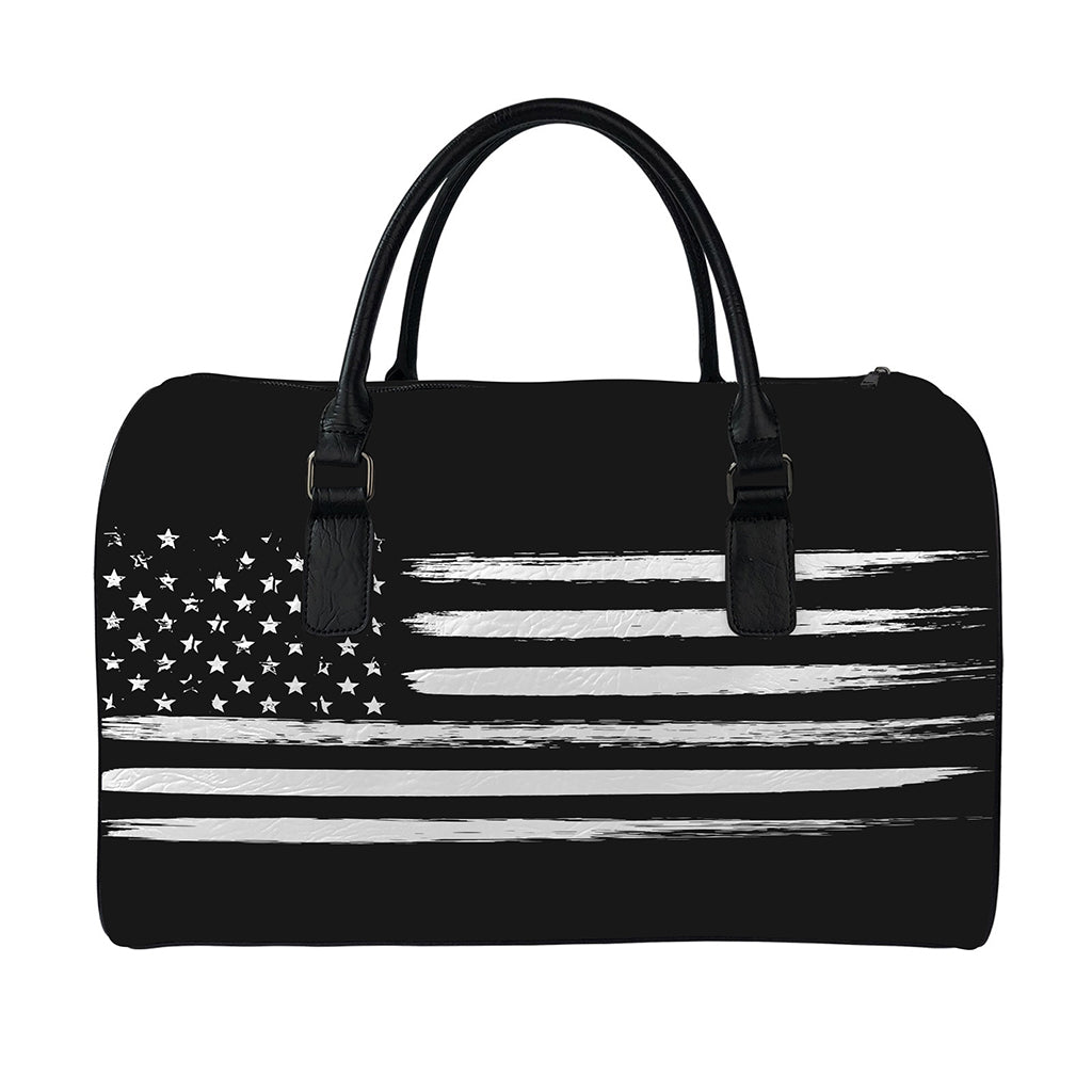 Black And White USA Flag Print Leather Duffle Bag