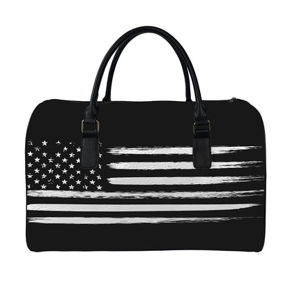 Black And White USA Flag Print Leather Duffle Bag
