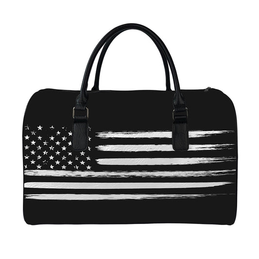 Black And White USA Flag Print Leather Duffle Bag