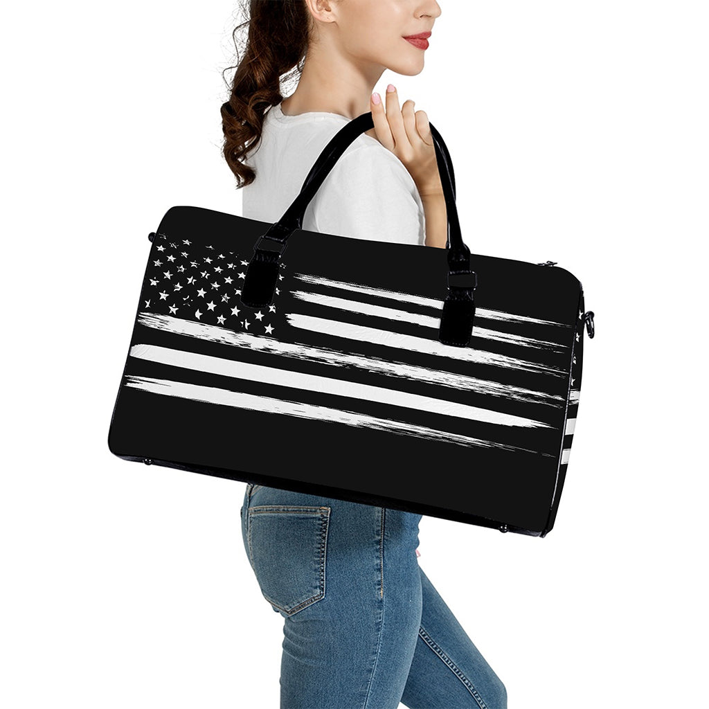 Black And White USA Flag Print Leather Duffle Bag