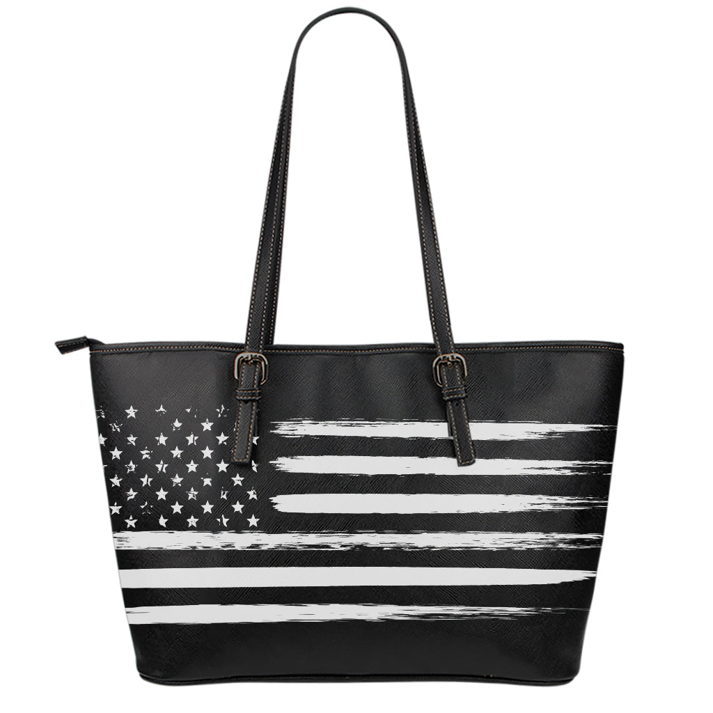Black And White USA Flag Print Leather Tote Bag