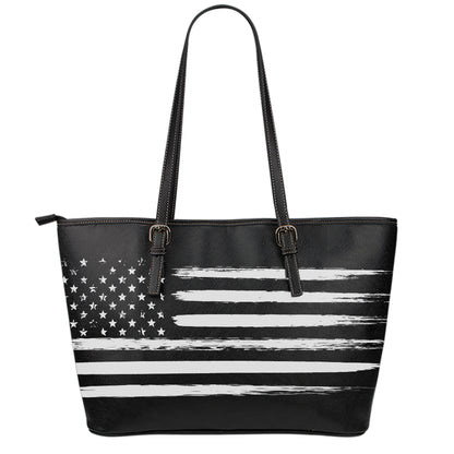 Black And White USA Flag Print Leather Tote Bag