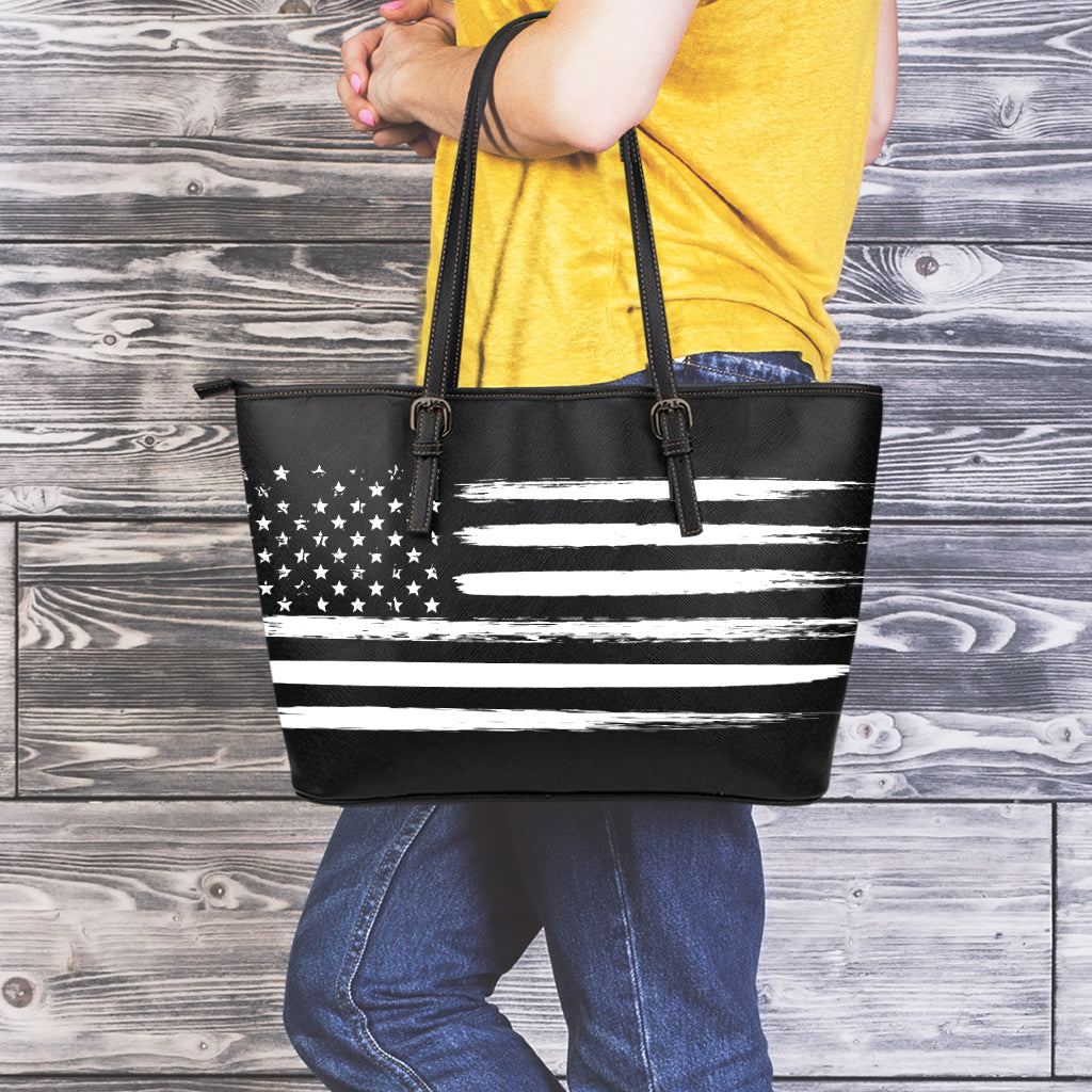 Black And White USA Flag Print Leather Tote Bag