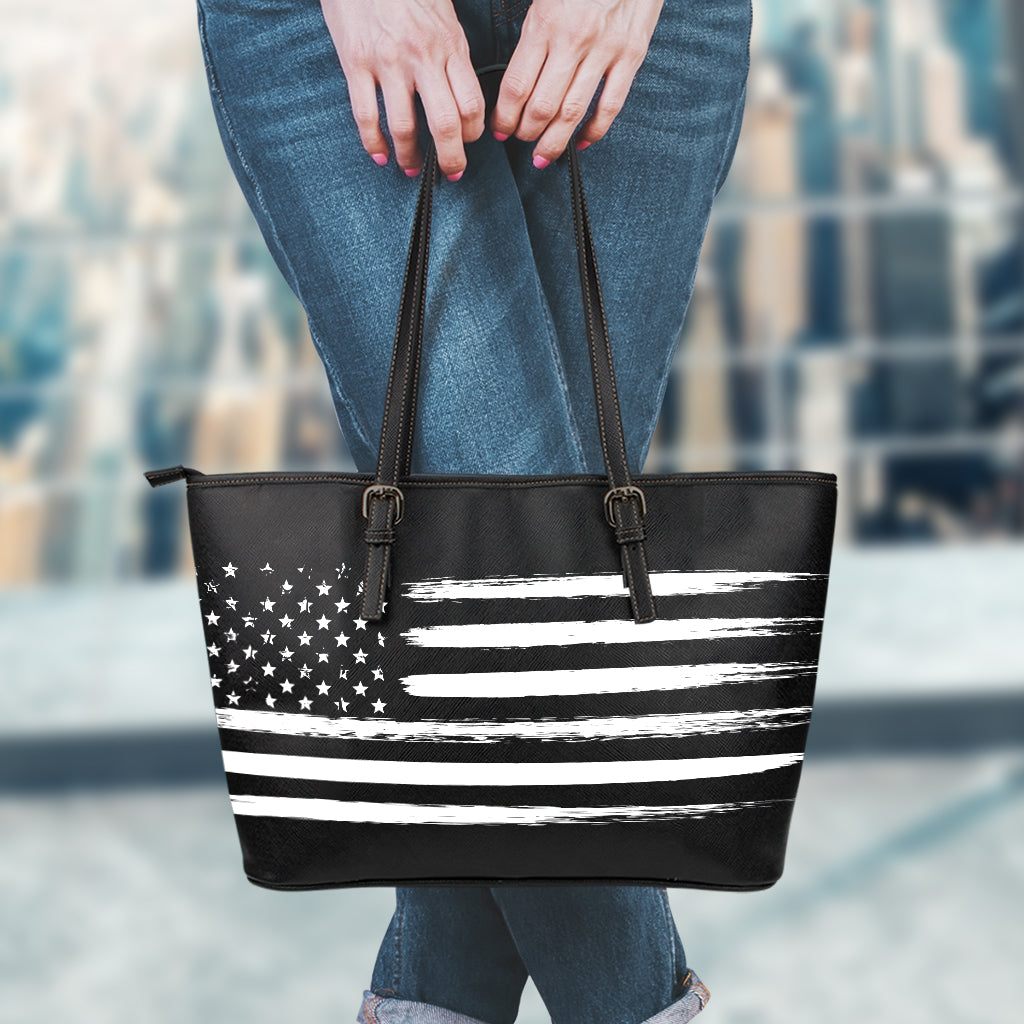 Black And White USA Flag Print Leather Tote Bag