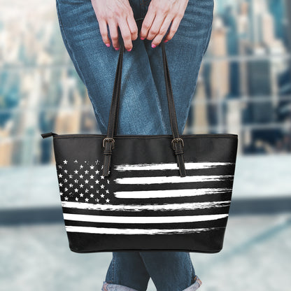 Black And White USA Flag Print Leather Tote Bag