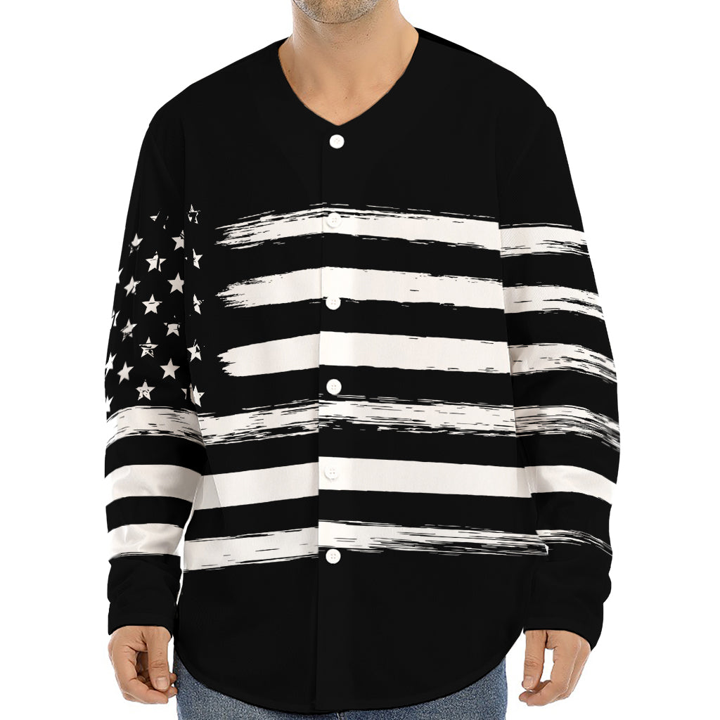 Black And White USA Flag Print Long Sleeve Baseball Jersey