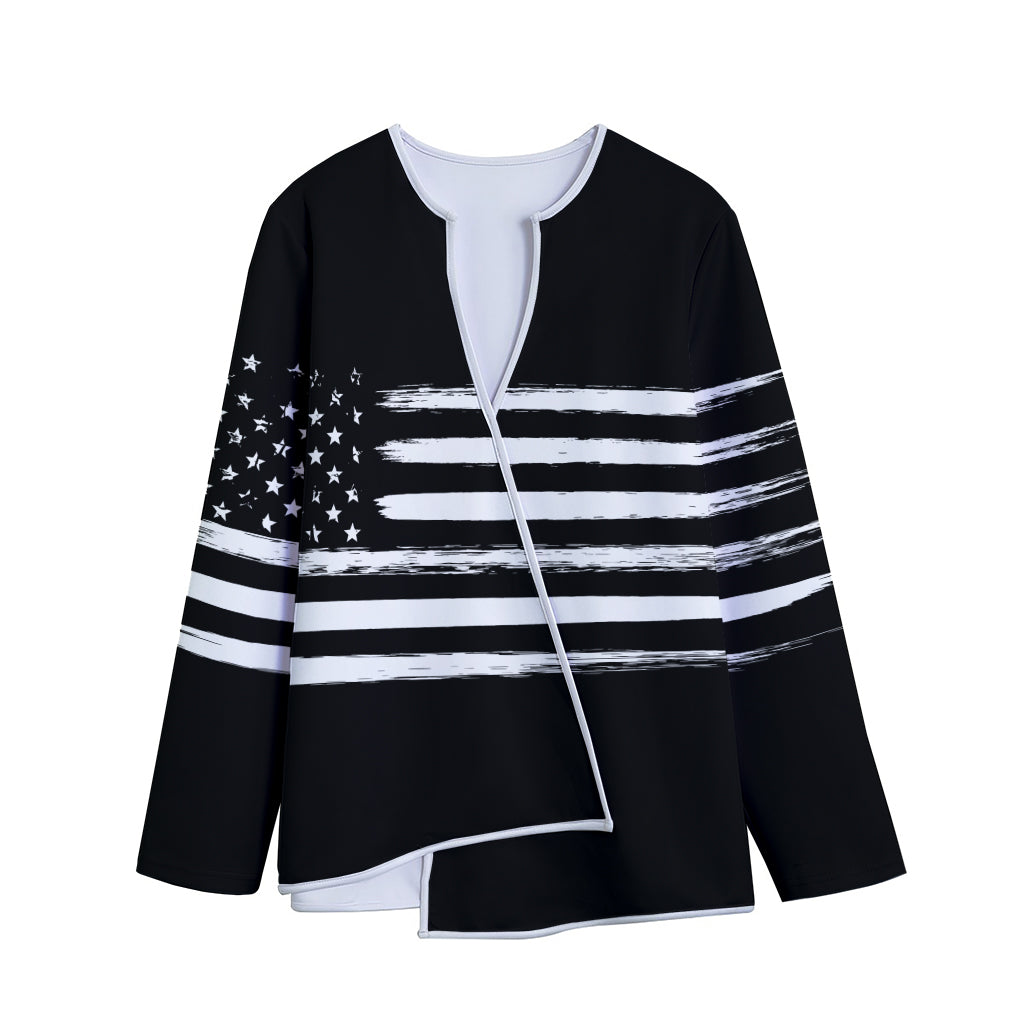 Black And White USA Flag Print Long Sleeve Short Coat