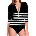 Black And White USA Flag Print Long Sleeve Swimsuit