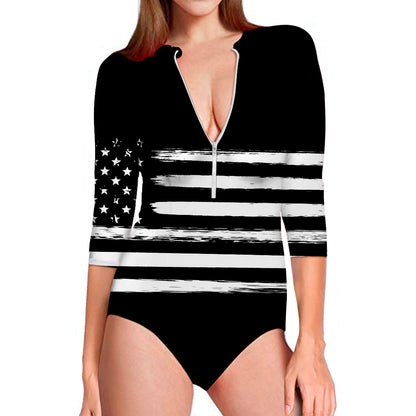 Black And White USA Flag Print Long Sleeve Swimsuit