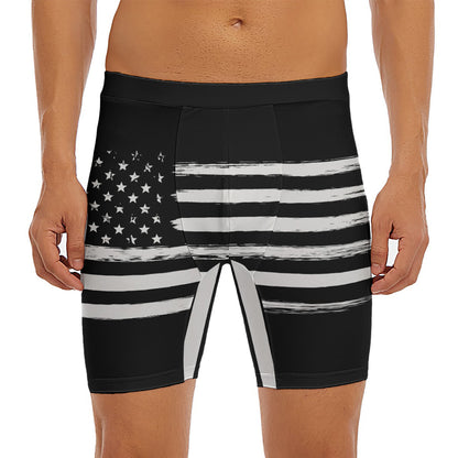 Black And White USA Flag Print Men's Long Boxer Briefs