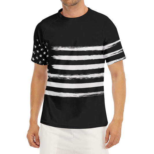 Black And White USA Flag Print Men's Short Sleeve Rash Guard