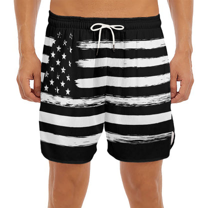 Black And White USA Flag Print Men's Split Running Shorts