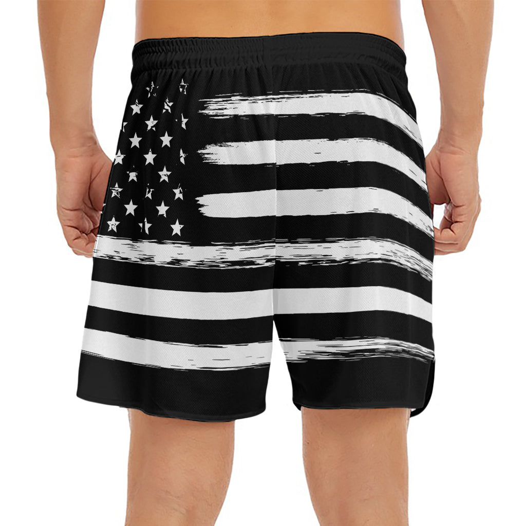 Black And White USA Flag Print Men's Split Running Shorts