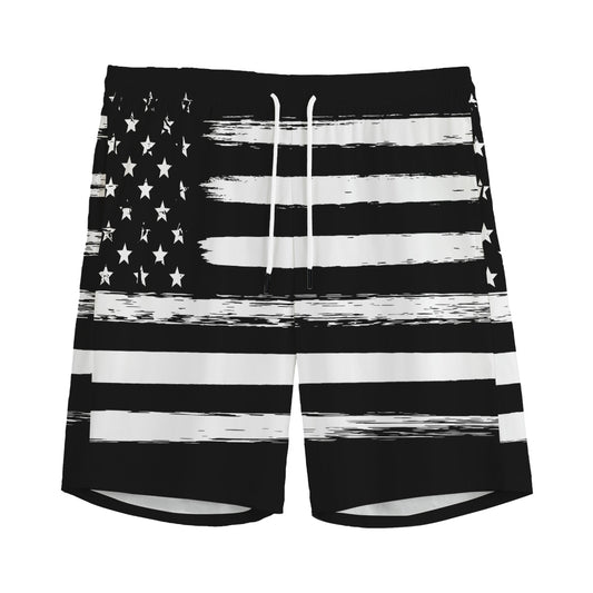 Black And White USA Flag Print Men's Sports Shorts