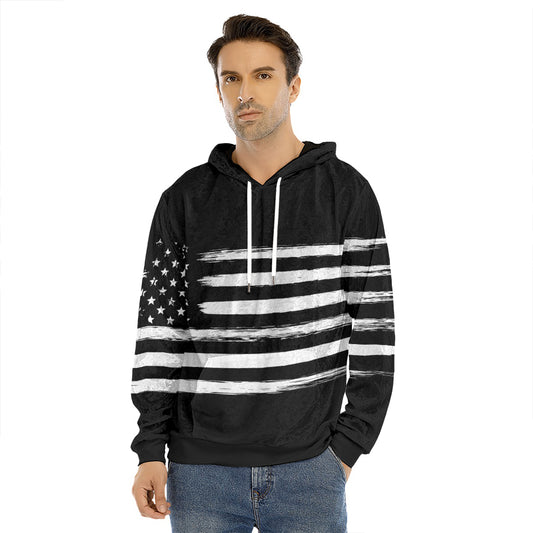Black And White USA Flag Print Men's Velvet Pullover Hoodie