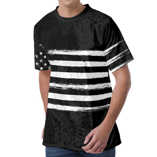 Black And White USA Flag Print Men's Velvet T-Shirt