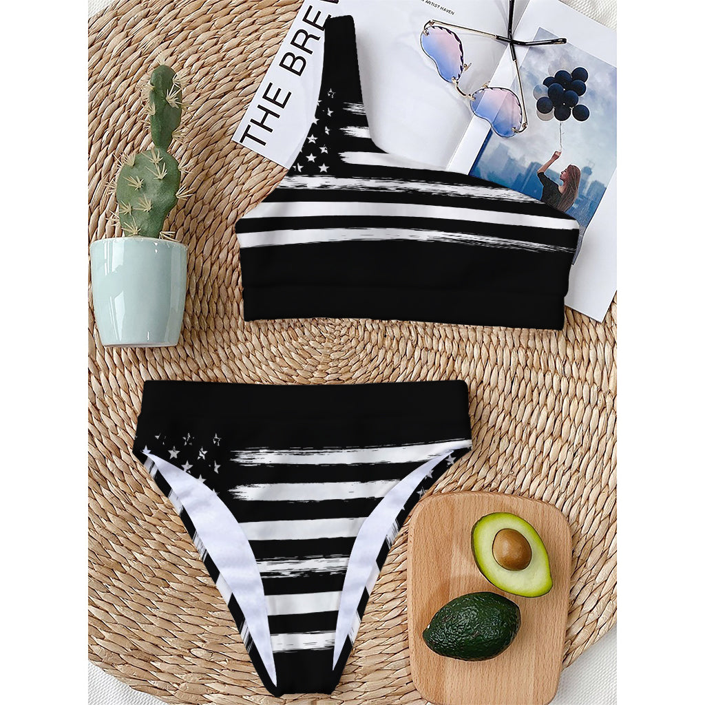 Black And White USA Flag Print One Shoulder Bikini Top