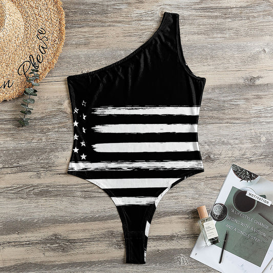 Black And White USA Flag Print One Shoulder Bodysuit