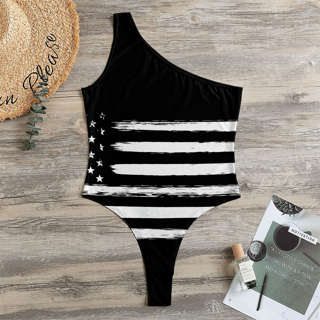 Black And White USA Flag Print One Shoulder Bodysuit
