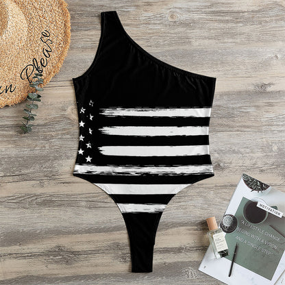 Black And White USA Flag Print One Shoulder Bodysuit