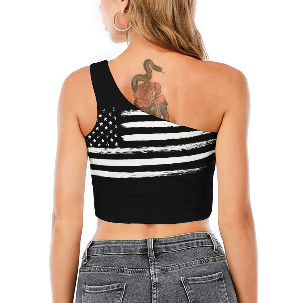 Black And White USA Flag Print One Shoulder Crop Top