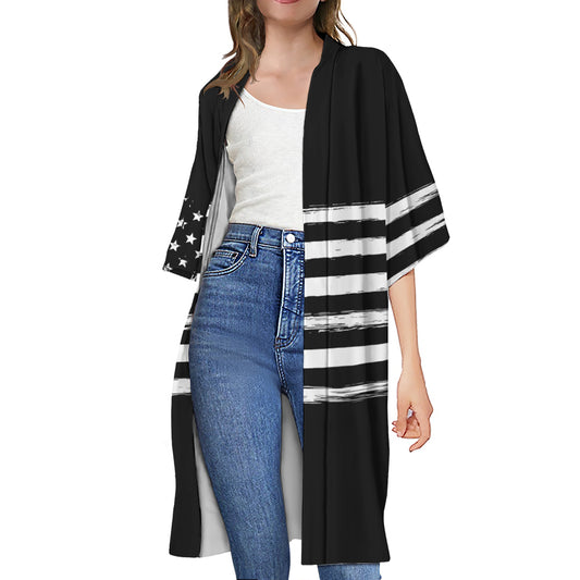 Black And White USA Flag Print Open Front Beach Cover Up