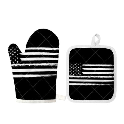 Black And White USA Flag Print Oven Mitt And Pot Holder Set