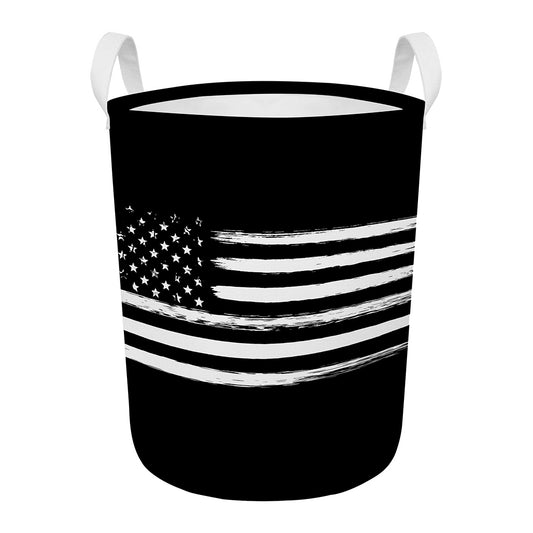 Black And White USA Flag Print Round Laundry Basket