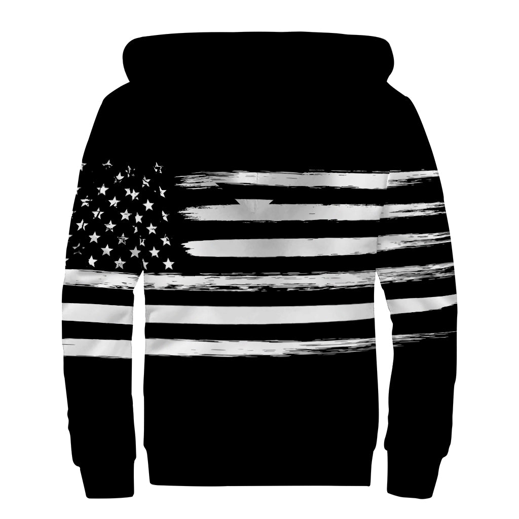 Black And White USA Flag Print Sherpa Lined Zip Up Hoodie