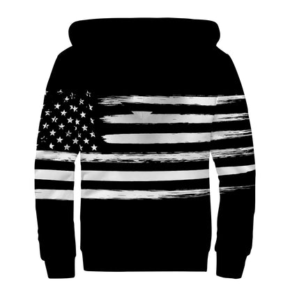 Black And White USA Flag Print Sherpa Lined Zip Up Hoodie
