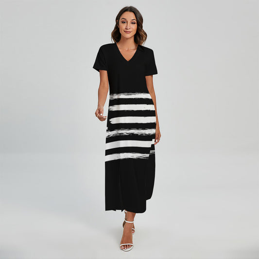Black And White USA Flag Print Short Sleeve Maxi Dress
