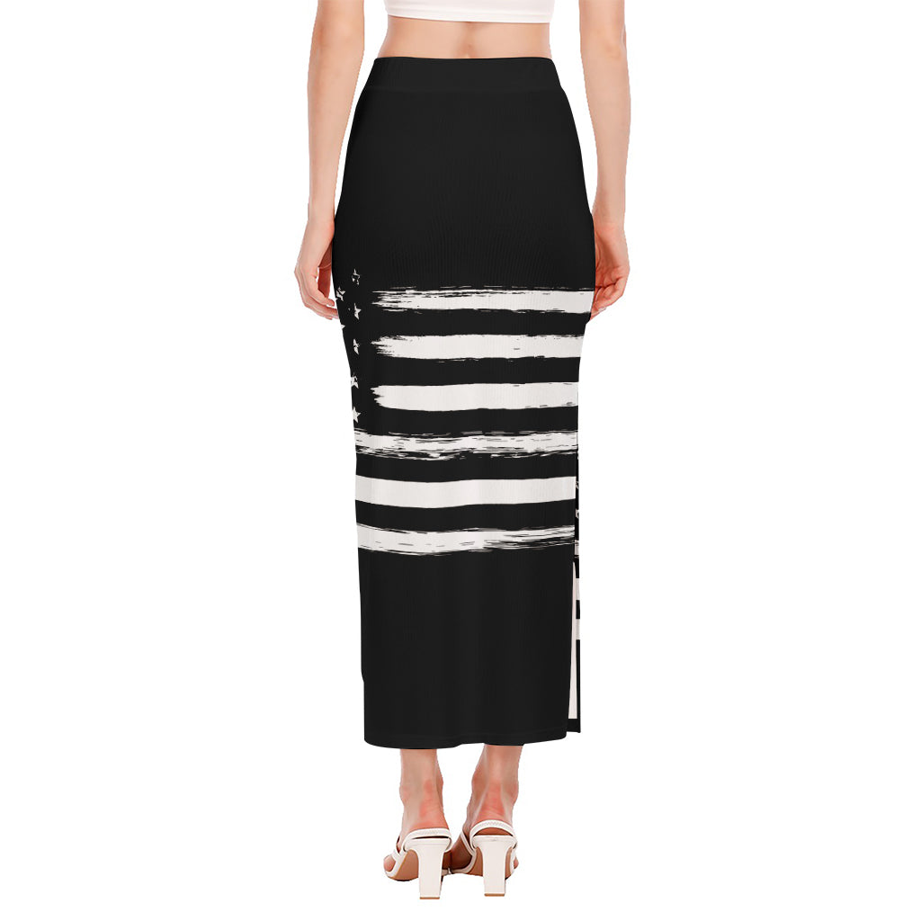 Black And White USA Flag Print Side Slit Maxi Skirt